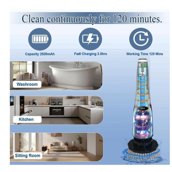 Electric Spin Scrubber Cordless Cleaning Brush 7 Brush Heads 3 Speeds 120Mins - Picture 5 of 7